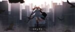  1girl absurdres angelina_(arknights) animal_ears antennae arknights bag bird black_bag black_socks brown_hair building chromatic_aberration city cityscape coat day de4d_fish earpiece english_commentary english_text facing_away floating_clothes floating_hair flock fox_ears fox_girl fox_tail full_body high_up highres holding holding_staff kneehighs long_hair long_sleeves messenger_bag outdoors red_shoes scenery shoes shoulder_bag skyscraper socks solo staff standing tail title white_coat wide_shot 
