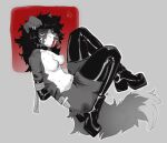 anthro arms_tied armwear bandage bdsm bite_mark bite_mark_on_arm bite_mark_on_breast black_armwear black_boots black_clothing black_footwear black_hair black_latex black_legwear black_thigh_highs blood blood_in_mouth bodily_fluids bondage boots bound breasts bruised bruised_butt butt canid canine clothing collar ear_piercing facial_piercing female footwear gloves hair handwear hi_res humanoid latex latex_armwear latex_boots latex_clothing latex_footwear latex_gloves latex_handwear latex_legwear latex_stockings latex_thigh_highs legwear mammal messy_hair midizuid monochrome multicolored_body nose_piercing nosebleed piercing shoes small_breasts solo stockings tears tears_of_pain tears_on_cheek thigh_highs two_tone_body two_tone_tail wounded