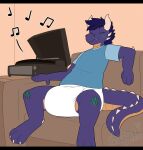 ageplay anthro blue_clothing blue_shirt blue_topwear clean_diaper clothing diaper dragon enjoying eyes_closed fangs furniture hair hi_res horn infantilism inside jet_(jetthedrake) leaning leaning_backward listening_to_music male markings mythological_creature mythological_scalie mythology on_sofa playing_music purple_body purple_hair relaxing roleplay scalie shadyadi shirt sitting sitting_on_sofa sofa solo spiked_tail spikes spikes_(anatomy) spread_legs spreading tail teeth topwear vinyl_record