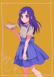  1girl alternate_costume apron arms_at_sides basket blue_apron blue_bow blue_bowtie blue_eyes blue_hair blue_skirt bow bowtie braid closed_mouth cowboy_shot d_suzu0210 dokidoki!_precure flat_chest gingham gingham_apron high-waist_skirt highres hishikawa_rikka kobeya_uniform long_hair looking_at_viewer pleated_shirt precure shirt short_sleeves simple_background single_braid skirt smile solo upper_body white_shirt yellow_background 