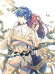  2others blue_eyes blue_hair blunt_bangs chromatic_aberration cinnabar_(houseki_no_kuni) crying crystal_hair cyberseaurchin heterochromia highres houseki_no_kuni hug multiple_others other_focus phosphophyllite_(ll) red_hair short_hair sketch white_eyes 