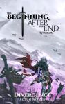  1boy after_battle ahoge arthur_leywin aura bad_source blurry blurry_background cover cover_page crown english_text expressionless flag glowing_tattoo highres male_focus novel_cover nutsinee_siri official_art purple_eyes royal_robe short_hair sword tattoo the_beginning_after_the_end throwing torn_clothes weapon white_hair 