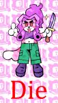 absurd_res anthro biped bottomwear breasts cammypuppy canid canine canis clothing domestic_dog ear_piercing female footwear green_bottomwear green_clothing green_pants hair heart_on_tongue heart_symbol hi_res holding_knife holding_object knife looking_at_viewer mammal midriff navel pants piercing pink_body purple_clothing purple_footwear purple_hair purple_shoes shoes solo threatening threatening_viewer threatening_violence tongue tongue_out