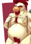  2022 absurd_res anthro avian belly big_belly bird chicken galliform galloroster gallus_(genus) genitals hi_res humanoid_hands male moobs nipples overweight overweight_male penis phasianid pubes simple_background solo 