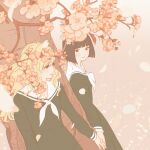  2girls 55bata6rou black_dress black_eyes black_hair blonde_hair blunt_bangs cherry_blossoms closed_mouth cowboy_shot dress flower from_above highres holding_hands lillian_girls&#039;_academy_school_uniform long_hair long_sleeves looking_at_another maria-sama_ga_miteru multiple_girls neckerchief nijou_noriko pink_background pink_flower sailor_collar school_uniform short_hair smile standing toudou_shimako tree under_tree white_neckerchief white_sailor_collar yuri 