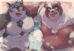  2022 anthro belly big_belly canid canine canis duo hi_res horkeu_kamui_(tas) humanoid_hands kemono kimun_kamui_(tas) lifewonders male mammal moobs muscular muscular_male nipples overweight overweight_male sawch_cls steam tokyo_afterschool_summoners ursid video_games water wolf 