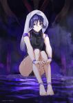  1boy absurdres alalen artist_name black_leotard blunt_ends body_markings closed_mouth covered_collarbone doll_joints expressionless eyelashes eyeliner eyeshadow fingernails full_body genshin_impact highres joints legs_together leotard looking_at_viewer makeup male_focus mecha miasma own_hands_together purple_eyes purple_hair red_eyeliner red_eyeshadow robot scaramouche_(genshin_impact) scaramouche_(shouki_no_kami)_(genshin_impact) sitting solo toenails toes towel towel_on_head wanderer_(genshin_impact) wet wispy_bangs 
