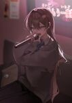  1boy absurdres birthday_party blue_necktie crossed_bangs green_eyes highres holding holding_microphone karaoke long_hair microphone necktie original otoko_no_ko shy sitting solo sweater television zurui_ninjin 