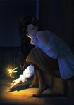 1girl absurdres black_eyes black_skirt braces chromatic_aberration dark fairy glowing highres indoors leaning_forward long_hair long_skirt long_sleeves looking_at_viewer moondown_(twtmoondown) pantyhose reverse:1999 shadow sidelighting sitting skirt tooth_fairy_(reverse:1999) wavy_hair 