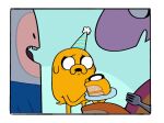 adventure_time ambiguous_gender anthro cake canid canine canis cannibalism cartoon_network clothing cutlery dessert discount-supervillain domestic_dog finn_the_human food fork group hat headgear headwear human jake_the_dog kitchen_utensils lady_rainicorn mammal party_hat plate rainicorn shirt smile teeth tools toony topwear trio