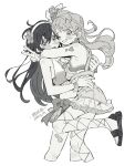  2girls bikini blush cropped_legs dated earrings fingernails fishnet_thighhighs fishnets flower greyscale grin hair_flower hair_ornament hairband heart heart_earrings highres hug jewelry long_hair looking_at_viewer love_live! love_live!_school_idol_project minami_kotori minamip monochrome multiple_girls natsuiro_egao_de_1_2_jump! one_eye_closed one_side_up sandals simple_background smile sonoda_umi standing swimsuit thighhighs v white_background yuri 