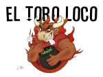 2014 4:3 anthro bovid bovine brown_body brown_fur bust_portrait cattle cauldron cheek_tuft clothed clothing crazydrak dated facial_piercing facial_tuft fire fur grin head_tuft holding_object horn male mammal muscular muscular_anthro muscular_male nose_piercing nose_ring piercing portrait red_clothing red_eyes red_shirt red_t-shirt red_topwear ring_piercing septum_piercing septum_ring shirt simple_background smile solo t-shirt topwear tuft white_background