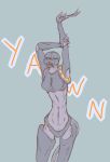 alien anthro axentooth breasts carapace eyes_closed featureless_breasts featureless_crotch female hi_res larry_(axentooth) navel open_mouth orange_tongue sclantra slim solo stretching teeth teeth_showing tongue yawn