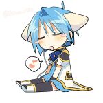  1girl angel_wing_uniform animal_ears black_thighhighs blue_bow blue_dress blue_hair blush_stickers bow brooch closed_eyes dress earphones extra_ears galaxy_angel highres jacket jewelry listening_to_music military_uniform mint_blancmanche musical_note nm_shirasu open_mouth puffy_short_sleeves puffy_sleeves rabbit_ears short_hair short_sleeves sitting solo spoken_musical_note thighhighs twitter_username white_background white_jacket 