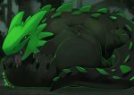 2025 3_toes abdominal_bulge altowovurr ambiguous_feral ambiguous_gender ambiguous_pred back_spikes belly big_belly big_tail black_body black_claws black_eyes black_scales black_sclera black_tail black_teeth black_tongue blurred_background bodily_fluids claws colored detailed_background digital_media_(artwork) feet feral feral_pred full-length_portrait fully_inside green_body green_horn green_lizard_(rain_world) green_scales green_spikes green_tail hi_res horn huge_belly lizard lizard_(rain_world) looking_at_viewer lying multicolored_body multicolored_scales multicolored_tail on_front open_mouth oral_vore outside portrait quadruped rain_world reptile rumbling_stomach saliva same_size_vore scales scalie shaded side_view smile snaggle_tooth soft_vore solo sound_effects spikes spikes_(anatomy) tail tapering_tail teeth thick_tail toe_claws toes tongue tongue_out two_tone_body two_tone_scales two_tone_tail videocult vore