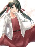  1girl artist_name black_hair dress green_eyes highres hood hooded_jacket jacket kantai_collection long_hair looking_at_viewer mikuma_(isetan)_(kancolle) mikuma_(kancolle) one-hour_drawing_challenge open_mouth patterned_clothing polka_dot polka_dot_dress red_dress red_ribbon ribbon skirt_hold smile solo twintails twitter_username white_background white_jacket wiwo 