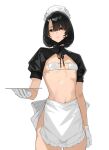  absurdres apron black_eyes black_hair empty_eyes flat_chest gloves hair_between_eyes highres maid_headdress mask_pull medium_haior navel no_panties original see_through shrug_(clothing) solo standing tray white_gloves yykuaixian 