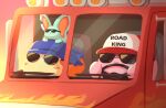  bandana_waddle_dee baseball_cap blush_stickers c: driving elfilin english_text ground_vehicle hat highres kirby kirby_(series) kirby_and_the_forgotten_land motor_vehicle semi_truck shibulio smile sunglasses truck 