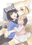  2girls animal_ears black_bow black_bowtie black_gloves black_hair black_skirt blonde_hair blue_sweater blush bow bowtie commentary_request common_raccoon_(kemono_friends) extra_ears eyebrows_visible_through_hair fang fennec_(kemono_friends) fox_ears fox_girl fox_tail fur_collar fur_trim gloves grey_gloves grey_hair grey_legwear highres hug kemono_friends looking_at_viewer megumi_222 multicolored_clothes multicolored_gloves multicolored_hair multiple_girls open_mouth pantyhose pink_sweater pleated_skirt puffy_short_sleeves puffy_sleeves raccoon_ears raccoon_girl raccoon_tail short_hair short_sleeves sitting sitting_on_lap sitting_on_person skirt sweater tail thighhighs white_fur white_hair white_skirt yellow_bow yellow_bowtie yellow_eyes yellow_gloves yellow_legwear zettai_ryouiki 