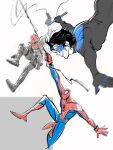  animal_print bat_signal batman_(series) batman_symbol be123be_be black_bodysuit black_gloves black_hair blue_bodysuit bodysuit brothers brown_jacket crossover dc_comics dick_grayson domino_mask gloves grey_bodysuit highres jacket jason_todd male_focus marvel mask multiple_boys muscular muscular_male nightwing open_clothes pants peter_parker print_bodysuit red_bodysuit red_hood_(dc) red_mask short_hair siblings silk spider-man spider-man_(series) spider_print spider_web spider_web_print superhero_costume taut_bodysuit two-tone_bodysuit web_shooter 