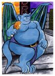 anthro bat_wings belly belly_overhang belt billy_fore blue_body blue_bottomwear blue_clothing blue_loincloth bottomwear building city cityscape clothed clothing disney eating fangs food gargoyle gargoyles hi_res holding_food holding_meat holding_object loincloth loincloth_only male meat meat_on_bone membrane_(anatomy) membranous_wings night open_mouth sitting skyscraper slightly_chubby smile solo teeth topless white_sclera wings