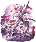  1girl arthropod_girl black_skin carapace centipede_girl cherry_blossoms colored_sclera colored_skin commentary_request extra_arms extra_legs floral_print highres hood horns mix_(candlmix) naginata original petals pink_hair polearm purple_eyes purple_sclera weapon wide_sleeves 