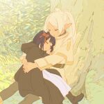  2girls 55bata6rou aged_down black_robe boots brown_boots capelet closed_eyes closed_mouth dress earrings elf fern_(sousou_no_frieren) frieren highres hood hood_down hug jewelry long_hair long_sleeves multiple_girls on_grass outdoors own_hands_together parted_bangs pointy_ears purple_hair robe short_hair sitting sleeping sleeping_on_person sleeping_upright sousou_no_frieren tree twintails under_tree white_capelet white_dress 
