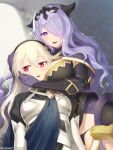  2girls :d armor black_armor black_panties bodice breasts camilla_(fire_emblem) cleavage corrin_(fire_emblem) corrin_(fire_emblem)_(female) cowboy_shot eyebrows_visible_through_hair fake_horns fire_emblem fire_emblem_fates grey_hair groin hair_over_one_eye hairband highres horns hug kashiwamochi_yomogi large_breasts long_hair looking_at_another looking_to_the_side multiple_girls open_mouth panties purple_eyes purple_hair red_eyes smile speech_bubble tiara underwear upper_body very_long_hair wavy_hair 
