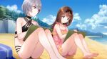  2girls beach bikini black_bikini black_choker blue_bag blue_eyes brown_hair choker closed_mouth cloud cumulonimbus_cloud determined feet_out_of_frame frilled_one-piece_swimsuit frills frown full_body game_cg grey_hair hair_between_eyes hairband holding holding_pencil holding_sketchbook light_particles long_hair looking_at_another marie_mahler mountainous_horizon multi-strapped_bikini_bottom multi-strapped_bikini_top multicolored_hairband multiple_girls non-web_source official_art on_ground one-piece_swimsuit otori_ai outdoors pencil pink_one-piece_swimsuit purple_eyes raised_inner_eyebrows short_hair sitting sketchbook smile soles split_mouth swimsuit toes v-shaped_eyebrows yumeutsutsu_re:master 