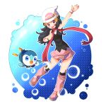  1girl :d absurdres arm_up black_hair black_legwear black_shirt boots dawn_(pokemon) full_body hair_ornament hairclip hat highres knee_boots kneehighs long_hair miniskirt open_mouth outline pink_eyes pink_footwear pink_skirt piplup poke_ball_print pokemon pokemon_(creature) pokemon_(game) pokemon_dppt print_headwear red_scarf scarf shirt skirt sleeveless sleeveless_shirt smile solo white_background white_headwear yukko_e 