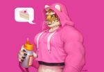 anthro barazoku biped bottle clothing container felid fur green_eyes hoodie j_axer looking_at_viewer male mammal meme meme_clothing muscular muscular_anthro muscular_male orange_body orange_fur pantherine pink_clothing pink_hoodie pink_topwear shrug_(clothing) solo tiger topwear twitter_hoodie water_bottle
