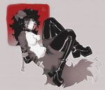 anthro arms_tied armwear bandage bdsm bite_mark bite_mark_on_arm bite_mark_on_breast black_armwear black_boots black_clothing black_footwear black_hair black_latex black_legwear black_thigh_highs blood blood_in_mouth bodily_fluids bondage boots bound breasts bruised bruised_butt butt canid canine clothing collar dithering ear_piercing facial_piercing female footwear gloves hair handwear humanoid latex latex_armwear latex_boots latex_clothing latex_footwear latex_gloves latex_handwear latex_legwear latex_stockings latex_thigh_highs legwear mammal messy_hair midizuid monochrome multicolored_body nose_piercing nosebleed piercing shoes small_breasts solo stockings tears tears_of_pain tears_on_cheek thigh_highs two_tone_body two_tone_tail wounded