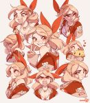  1girl anger_vein angry artist_name blush bow breasts brown_eyes choker cudlil cudlil_(character) dress earrings english_commentary hair_behind_ear hair_ribbon heart heart_earrings highres holding holding_jacket holding_unworn_clothes hugging_doll hugging_object jacket jewelry looking_down looking_up luma_(mario) mario_(series) multiple_views off_shoulder open_mouth original pink_bow red_jacket red_nails red_ribbon ribbon sad sleeves_past_wrists small_breasts smile smirk super_mario_galaxy unworn_jacket v v-shaped_eyebrows white_dress 