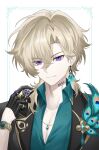  1boy alternate_costume aqua_shirt aventurine_(honkai:_star_rail) barcode barcode_tattoo black_gloves black_jacket blonde_hair coin collarbone collared_shirt commentary earrings gloves hair_between_eyes half_gloves highres holding holding_coin honkai:_star_rail honkai_(series) jacket jewelry looking_at_viewer male_focus medium_hair neck_tattoo necklace portrait purple_eyes rio_(rio773) shirt smile solo tattoo watch wristwatch 