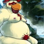  2022 absurd_res anthro avian belly big_belly bird chicken detailed_background galliform galloroster gallus_(genus) hi_res male moobs nipples outside overweight overweight_male phasianid pubes sitting solo waterfall white_body 