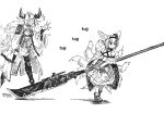  2girls animal_ears ankle_boots arknights bare_shoulders boots braid demon_horns dragging dress earpiece fox_ears fox_girl fox_tail greyscale hairband hands_up highres holding holding_polearm holding_weapon horns kitsune kyuubi matoimaru_(arknights) monochrome multiple_girls multiple_tails o_o polearm shiokaze1409 simple_background sketch standing suzuran_(arknights) tail tears thighhighs weapon white_background 