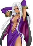  1girl :d aa_megami-sama armpits arms_behind_head black_choker breasts choker cleavage collarbone cowboy_shot dark-skinned_female dark_skin detached_sleeves dress facial_mark floating_hair hair_intakes highres long_hair long_sleeves medium_breasts navel open_mouth purple_dress purple_eyes purple_sleeves revealing_clothes side_slit simple_background sleeveless sleeveless_dress smile solo standing urd_(aa_megami-sama) user_kefc3583 very_long_hair white_background white_hair 