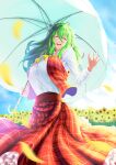  1girl ascot backlighting bangs blue_sky breasts buttons cloud collarbone day eyebrows_visible_through_hair field fingernails flower flower_field frilled_skirt frills garden_of_the_sun green_hair grin hair_between_eyes hand_up highres holding holding_umbrella kazami_yuuka large_breasts long_fingernails long_hair looking_at_viewer open_clothes open_mouth open_vest outdoors parasol petals plaid plaid_skirt plaid_vest shirt skirt sky smile solo suigetu26 sunflower touhou umbrella vest yellow_ascot 