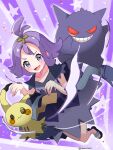  1girl :d acerola_(pokemon) bangs blush collarbone commentary_request dress flip-flops flipped_hair gengar grey_dress grey_eyes hair_ornament hairclip hands_up highres medium_hair mimikyu multicolored_clothes multicolored_dress open_mouth pokemon pokemon_(creature) pokemon_(game) pokemon_sm purple_background purple_hair sandals short_sleeves smile star_(symbol) tongue topknot torn_clothes torn_dress yuu_(mwms4882) 