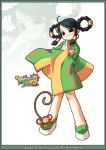  1girl ahoge arrow_(symbol) blush border braid brown_eyes character_request chin-mei china_dress chinese_clothes circlet closed_mouth collared_dress copyright_name copyright_notice crescent_moon dragon_print dress dual_persona english_text gold_circlet gold_hair_tie green_border green_shoes green_sleeves hair_rings half_updo in_dream_world jpeg_artifacts logo long_tail looking_at_viewer low-tied_sidelocks mandarin_collar monkey monkey_tail moon official_art parted_lips platform_shoes popcorn_kang print_sleeves projected_inset ring_hair_ornament second-party_source shoes short_dress sidelocks smile star_(symbol) sun tail tail_ornament twin_braids wide_sleeves yellow_trim 
