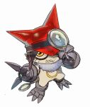  appmon digimon digimon_(creature) gatchmon highres holding holding_magnifying_glass looking_at_viewer magnifying_glass no_humans sayoko404 sharp_teeth simple_background solo teeth white_background yellow_eyes 
