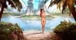  1girl absurdres artstation_username bird breasts brown_hair bush cloud cloudy_sky commission completely_nude elf english_commentary highres lake long_hair medium_breasts monmacairap mountain nipples nude orange_eyes palm_tree pointy_ears pubic_hair reflection sand scenery sky solo tree warcraft world_of_warcraft 