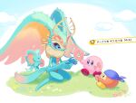  antlers bandana bandana_waddle_dee blue_bandana blush_stickers closed_eyes eating elfilin fecto_elfilis furry highres horns kanata_(camaieu_k) kirby kirby_(series) kirby_and_the_forgotten_land looking_at_another multicolored_eyes notched_ear sitting sparkle tail translation_request waddle_dee wariza yellow_fur 