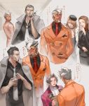  2girls 3boys :d ace_attorney ace_attorney_investigations angel_starr ascot beard black_headwear brown_hair damon_gant drink facial_hair giggling grey_hair hair_over_one_eye highres lana_skye long_hair long_sleeves looking_at_another miles_edgeworth multicolored_hair multiple_boys multiple_girls multiple_views necktie orange_suit phone red_necktie sagdk short_hair sideburns smile sparkle talking_on_phone thought_bubble tilted_headwear tinted_eyewear two-tone_hair tyrell_badd white_ascot white_background white_hair white_necktie younger 