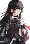  1girl black_choker black_hair black_shirt black_skirt bright_pupils chisa_(wuthering_waves) choker chromatic_aberration commentary cowboy_shot crop_top hair_ribbon hand_up highres long_hair looking_at_viewer mole mole_under_eye neckerchief parted_lips red_eyes red_neckerchief red_ribbon ribbon rin0_(gujrv) sailor_collar shirt simple_background skirt solo tacet_mark_(wuthering_waves) white_background white_pupils white_sailor_collar wuthering_waves 