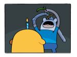 adventure_time ambiguous_gender anthro birthday_cake bottomwear cake candle canid canine canis cartoon_network clothing dessert discount-supervillain domestic_dog duo finn_the_human food hat headgear headwear human jake_the_dog mammal mechanical_arm melee_weapon shirt shorts sword toony topwear weapon