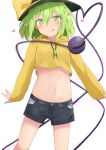  1girl :q absurdres alternate_costume bangs black_headwear blush bow bright_pupils closed_mouth contemporary cowboy_shot crop_top eyeball green_eyes green_hair hat hat_bow hat_ribbon heart heart_of_string highres koishi_day komeiji_koishi long_sleeves looking_at_viewer medium_hair mizune_(winter) navel ribbon shirt short_shorts shorts simple_background smile solo standing third_eye tongue tongue_out touhou wavy_hair white_background yellow_bow yellow_ribbon yellow_shirt 