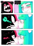 absurd_res anthro blood blood_on_lips blue_eyes blue_hair blue_nails bodily_fluids colored_nails comic duo emoticon felid female female/female girl_a girl_b hair hi_res kiss_on_lips kissing mammal nails nosebleed ponporio red_eyes red_hair sweat teeth the_disappearance_of_girl_a
