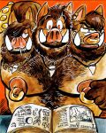 3_heads abs anthro areola bare_chest beard billy_fore biped blue_eyes body_hair book broody brown_body brown_hair chest_hair facial_hair hair hi_res jewelry male mammal multi_head necklace nipple_piercing nipple_ring nipples piercing reading red_eyes ring_piercing scratching_head solo suid suine sus_(pig) tooth_necklace tusks white_sclera wild_boar yellow_eyes