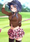  adjusting_clothes adjusting_headwear arm_behind_back bangs black_hair black_headwear black_legwear black_shirt blurry blurry_background blush breasts brown_cardigan brown_eyes buttons cardigan checkered_clothes checkered_skirt commentary_request day eyebrows_visible_through_hair fed_(giba) frilled_skirt frills gloves golf_club grass hand_up high_collar idolmaster idolmaster_million_live! long_sleeves looking_at_viewer medium_breasts midriff miniskirt navel outdoors parted_bangs pink_skirt ponytail shirt sidelocks skirt smile solo takayama_sayoko thighhighs thighs visor_cap wavy_hair white_gloves 